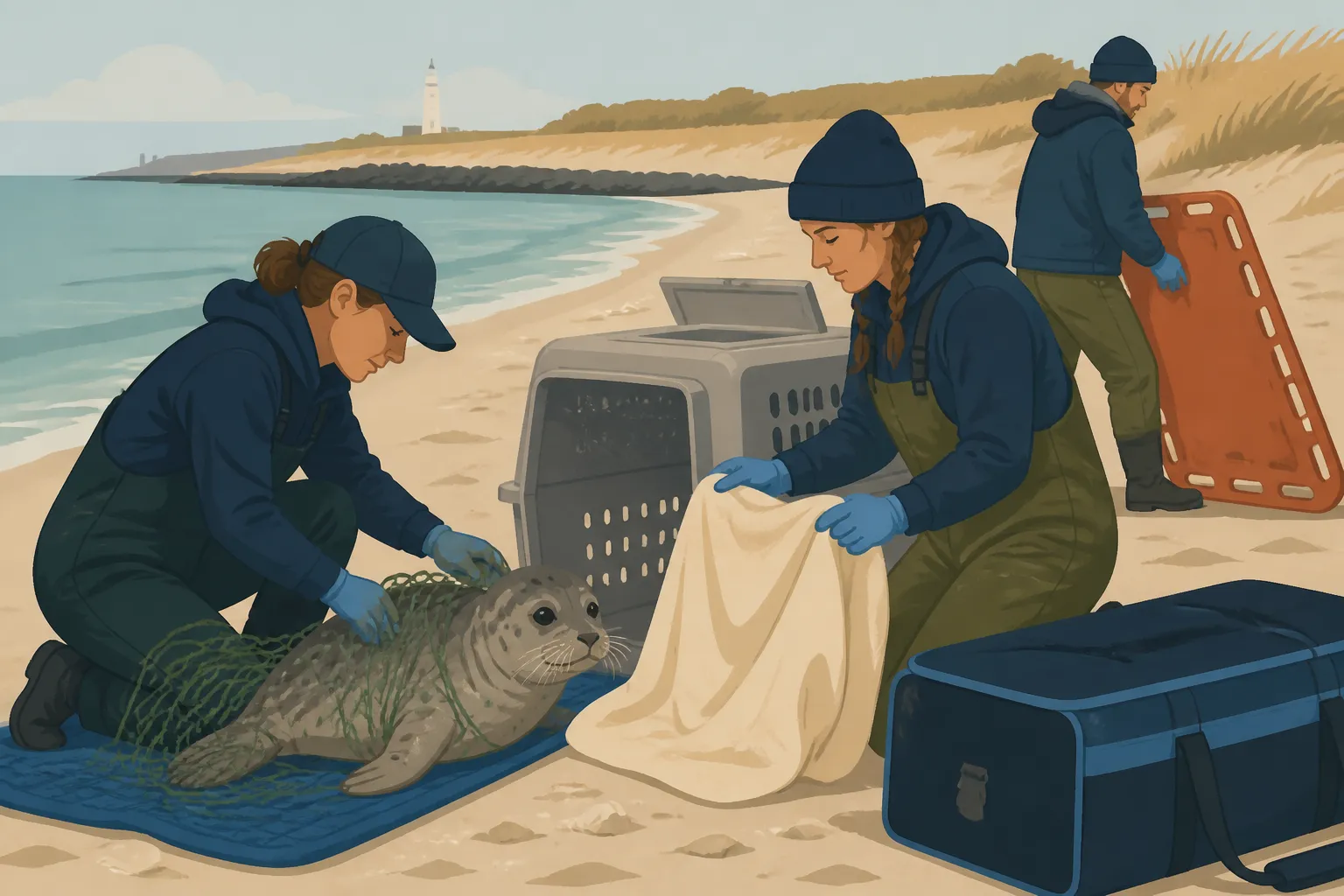 Rescue responders prepare transport equipment beside a harbor seal at Cape Henlopen.