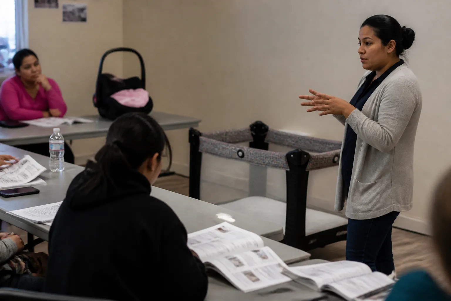 Caregivers learn safe sleep at Baby’s Bounty with a portable crib demo and infant-care handouts.