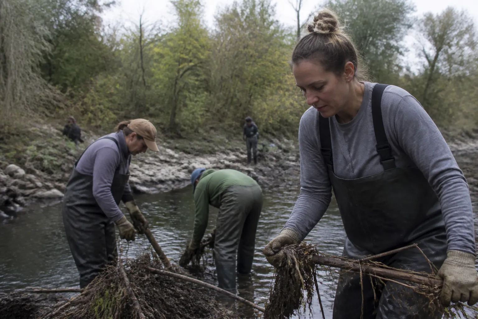 South Austin Creek Alliance volunteers clear debris from Williamson Creek after rain with the greenbelt behind.