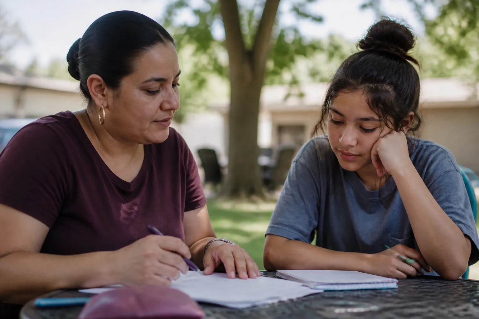 Dare to Dream mentor and teen review goals at an outdoor table during a twice-monthly meeting in Central Texas.