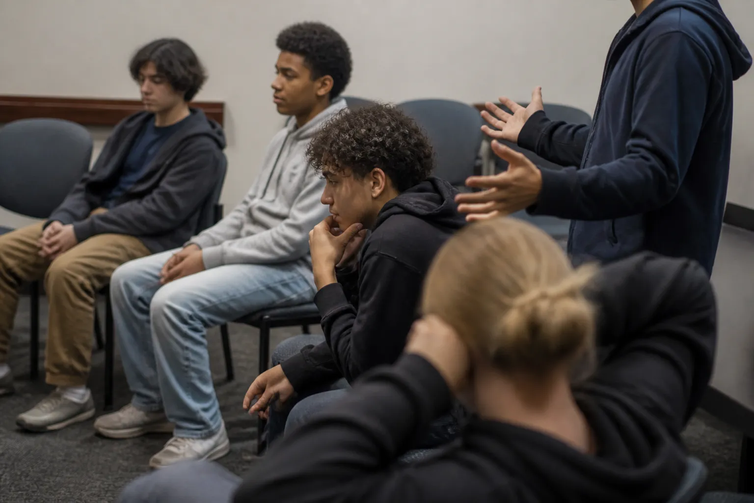 I.C.A.N. teen participants sit at a Las Vegas Valley youth meeting as a peer leader begins the first-Monday session.