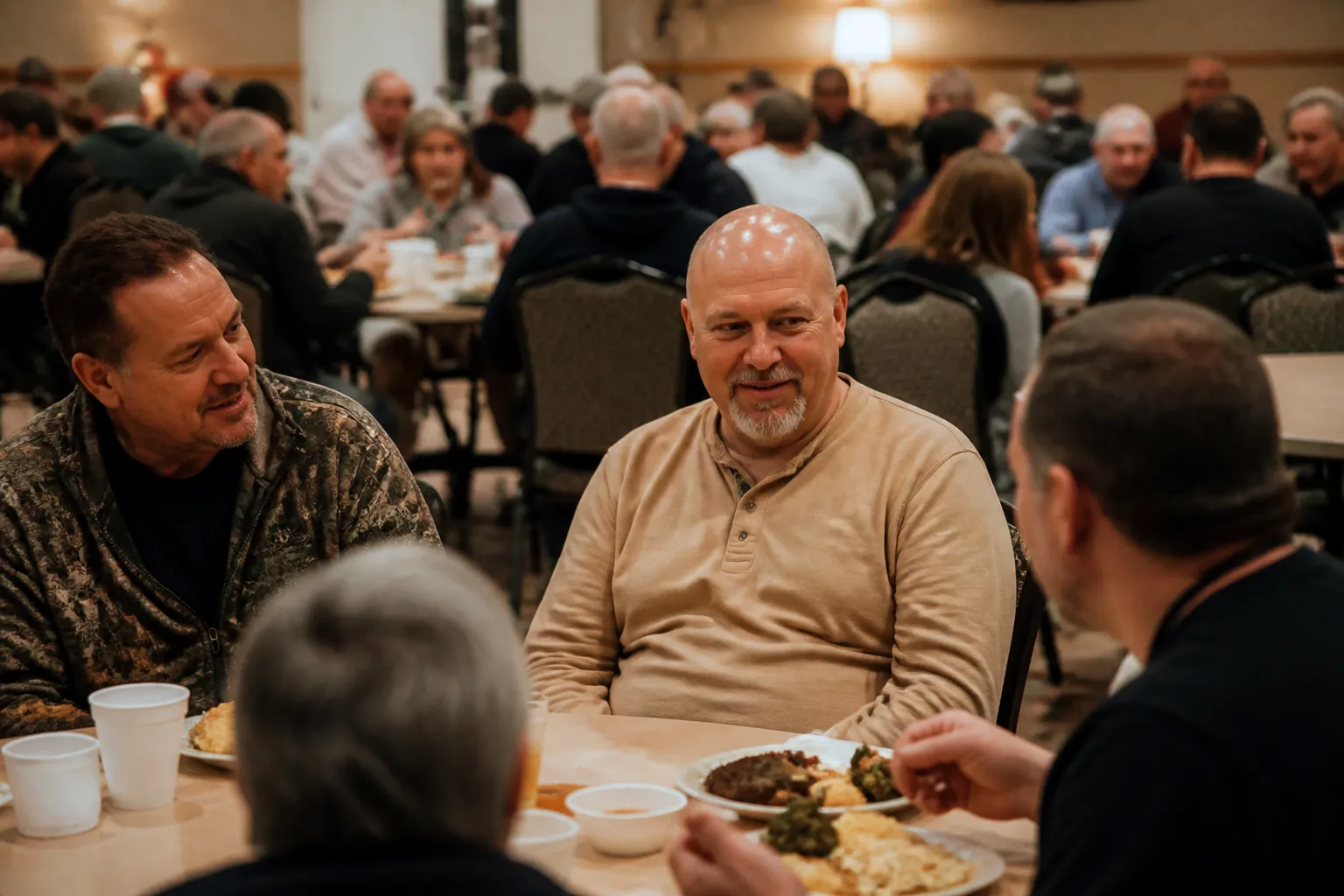 Freedom House residents and alumni seated at a Las Vegas community dinner during the evening.