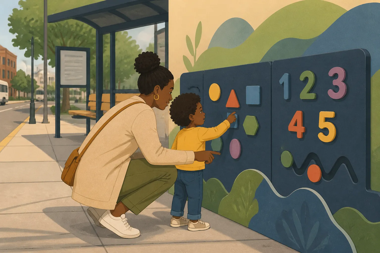 Caregiver and child explore an interactive learning feature beside a Wilmington bus stop.