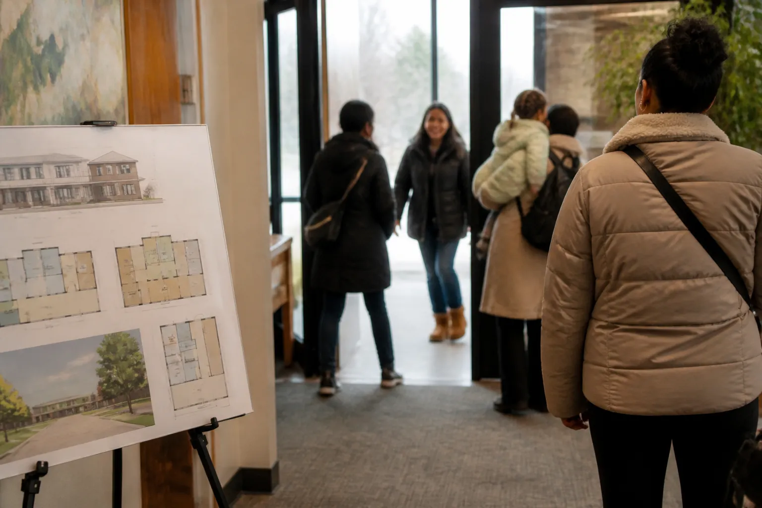 Families enter Northeast Family Center with displayed plans for a new facility near the Wesleyan campus.