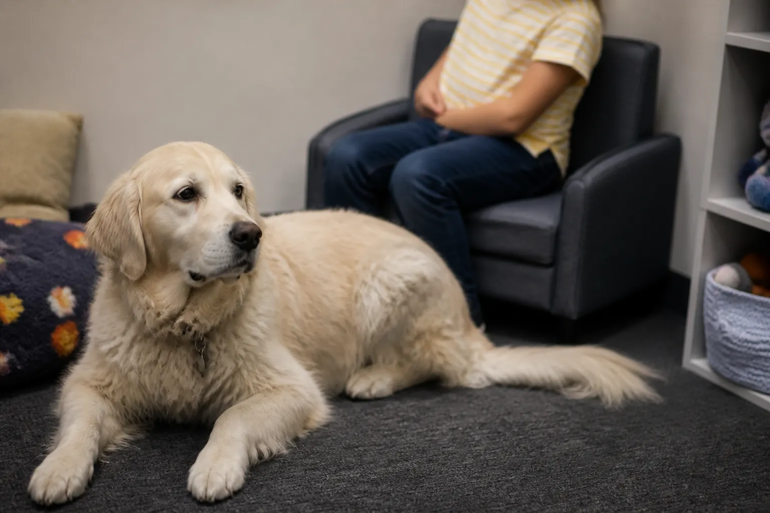 Eevee the facility dog rests near a child-sized couch in BraveBe’s Lincoln interview room before a forensic interview.