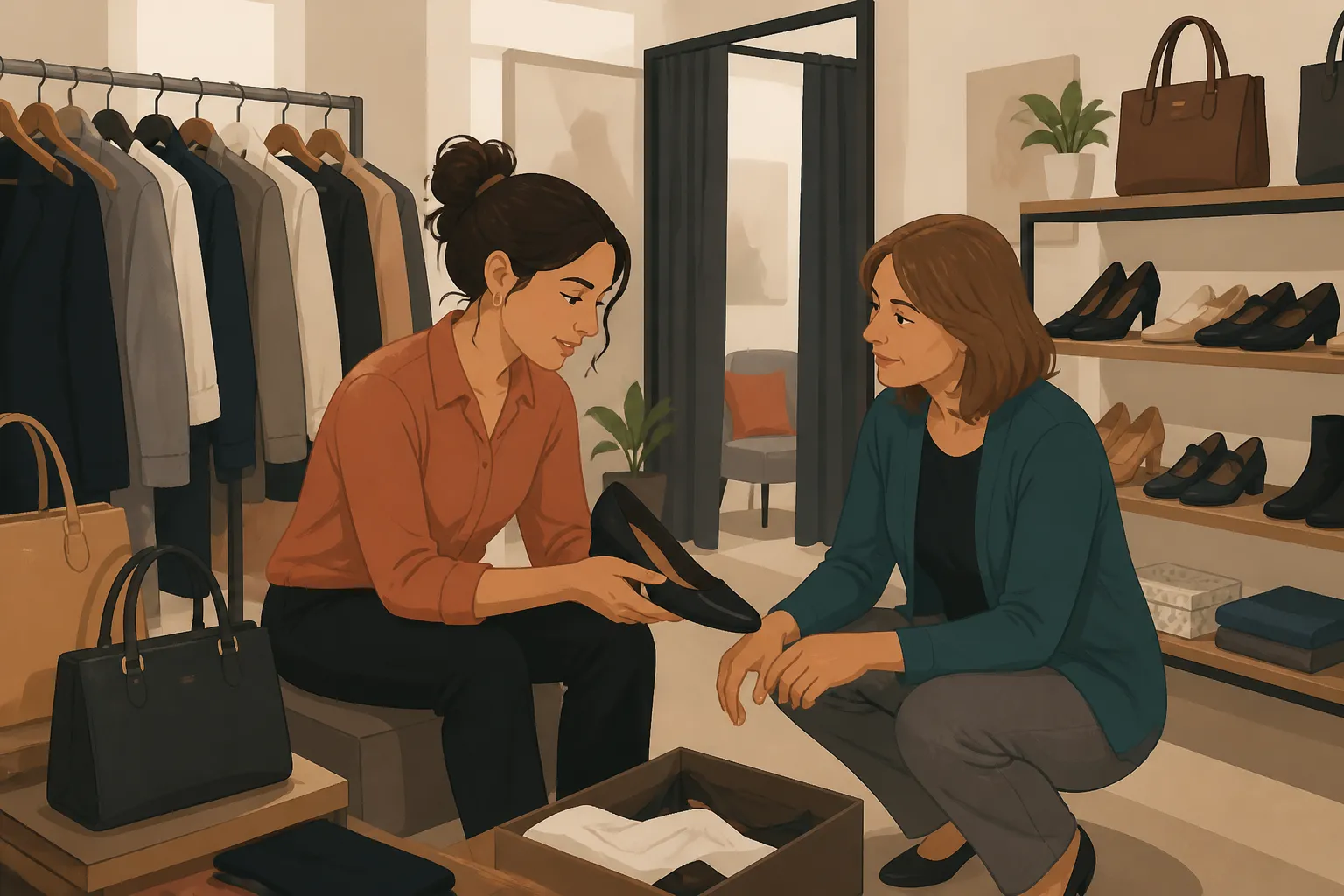 A client and volunteer review professional clothing and black work shoes during support for women getting jobs in Billings, MT.