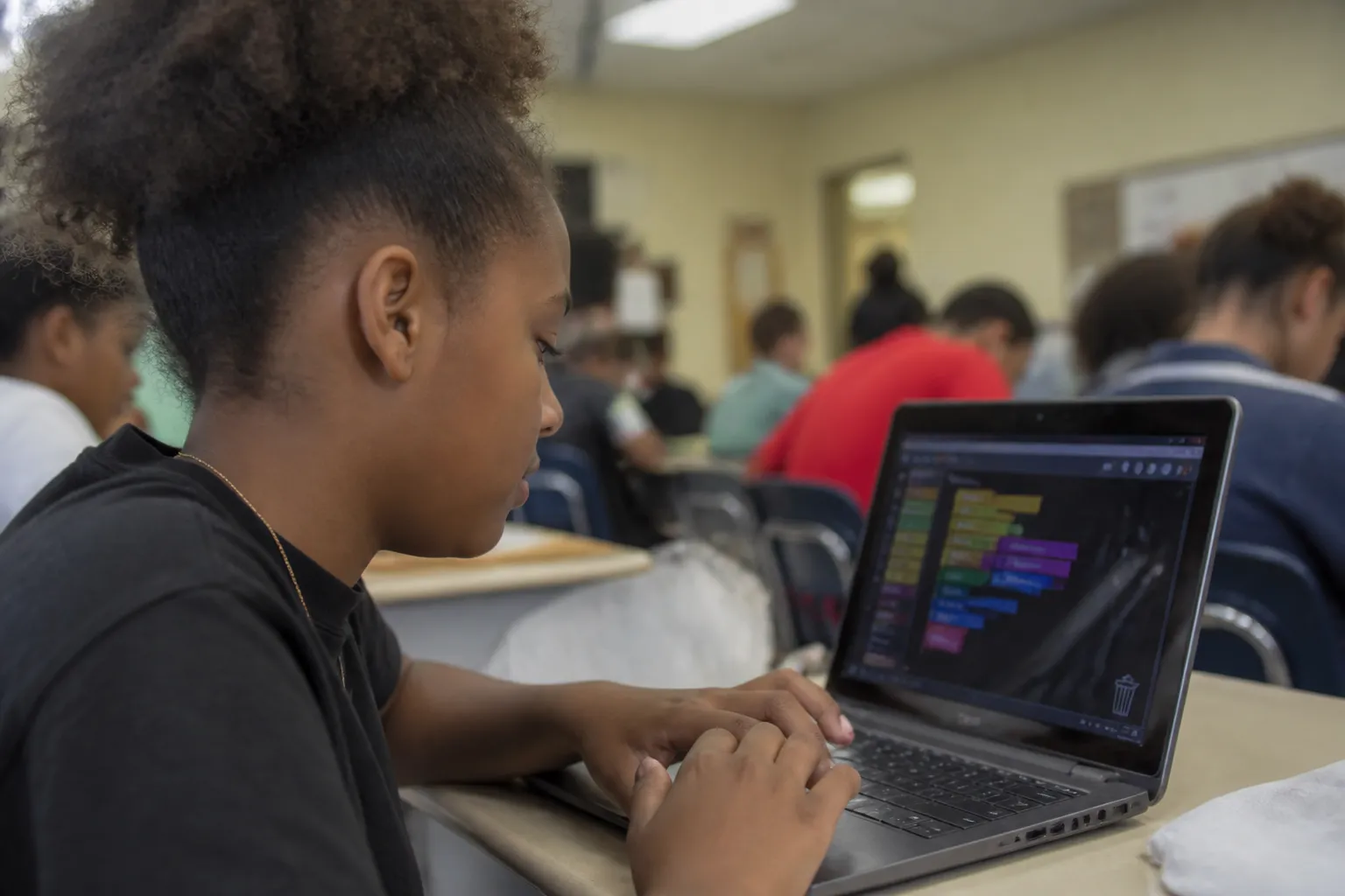 Student arranges colorful Music Blocks on a classroom laptop browser for Austin TX STEM education.