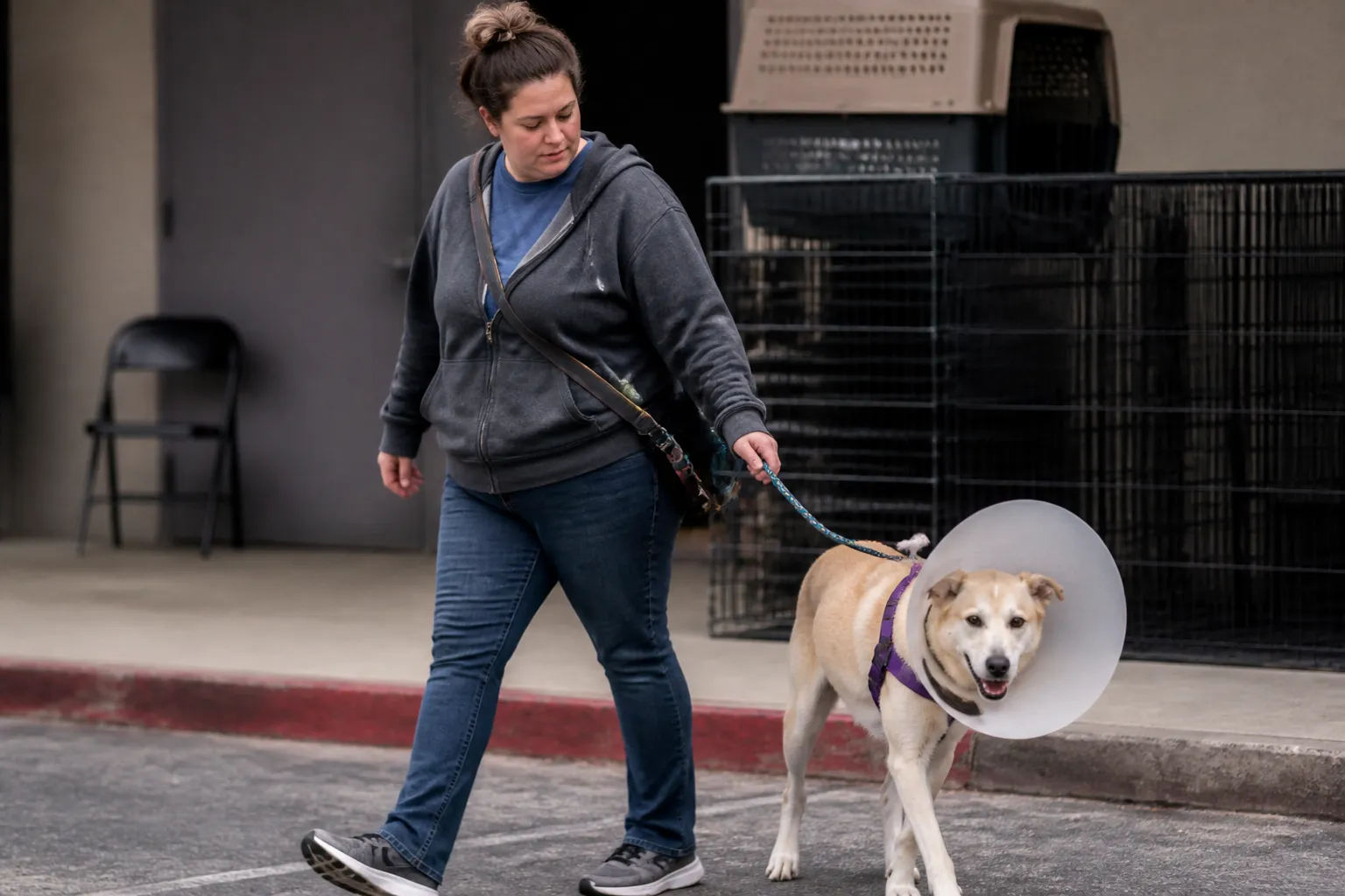 Dallas Dog foster volunteer walks a recovering rescue dog past stacked crates before an adoption event.