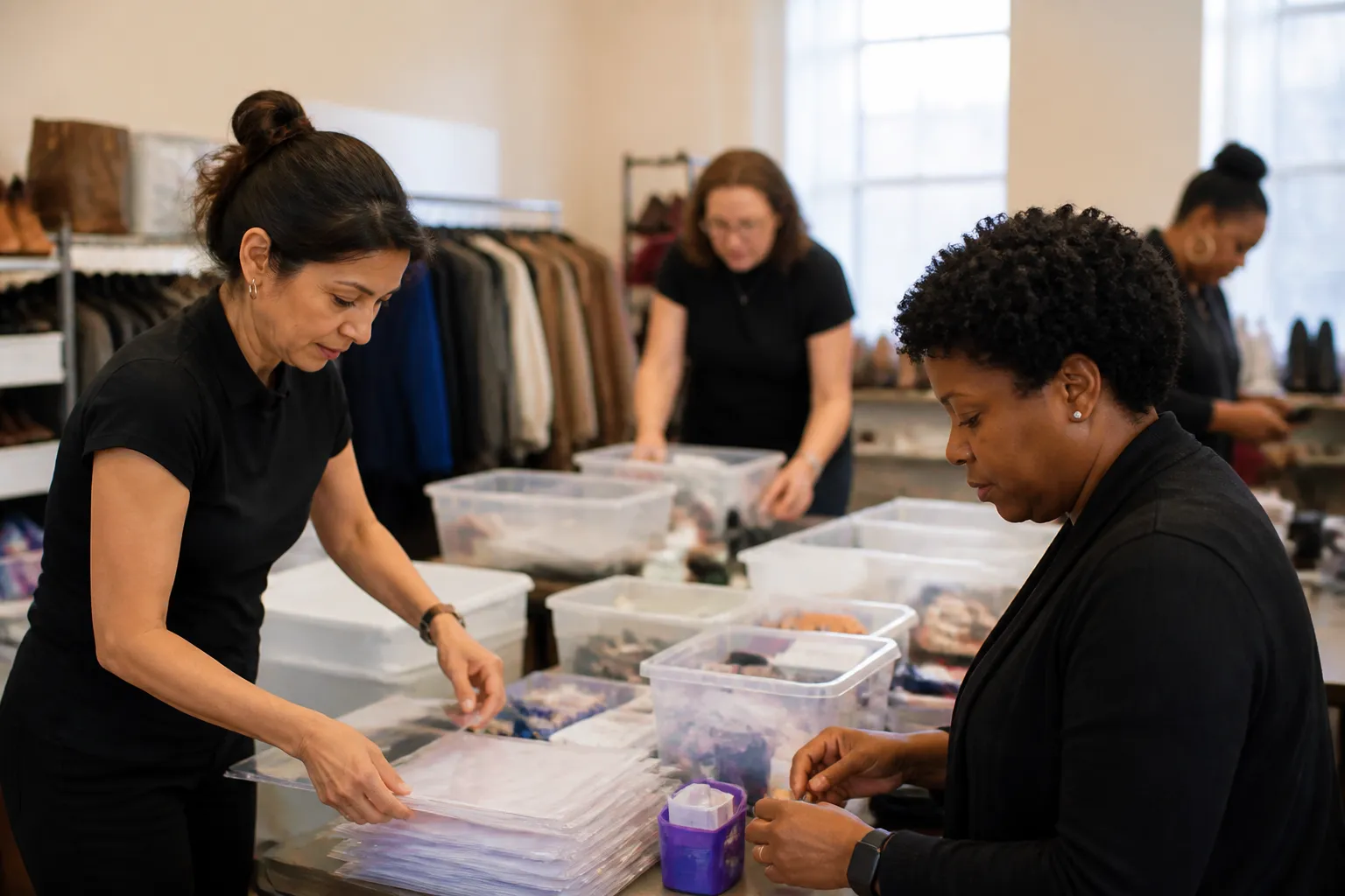 Dress for Success Dallas volunteers set up boutique and career coaching materials before clients arrive.