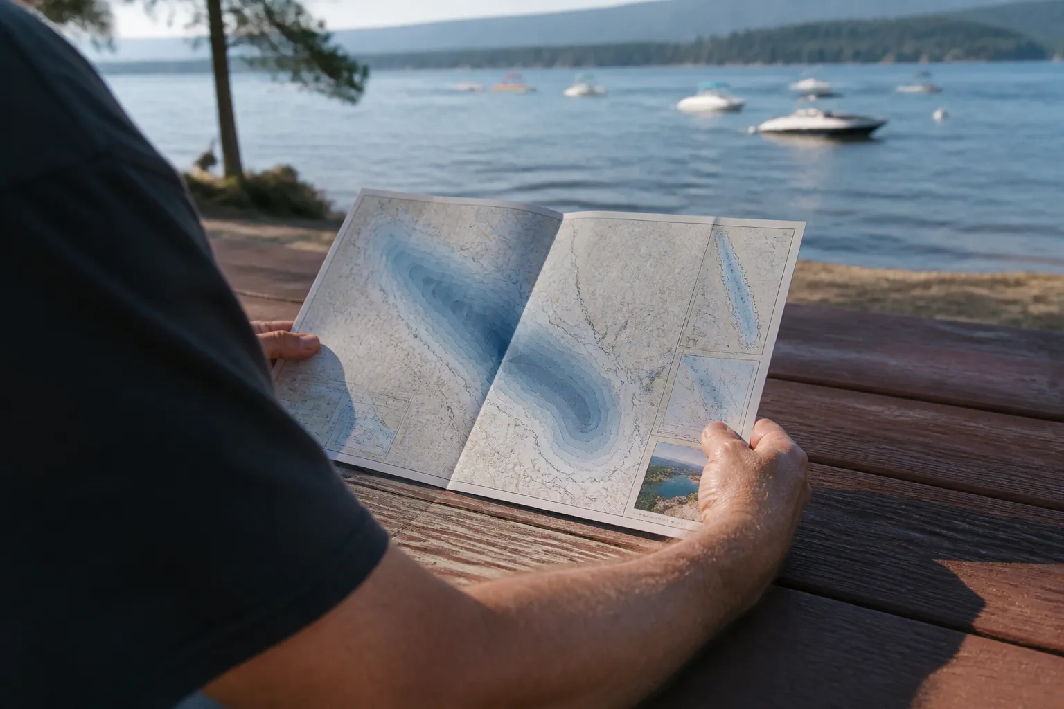 A picnic table holds the Hayden Lake and Watershed brochure open to its bathymetric map near Honeysuckle Beach in Coeur d’Alene, ID.
