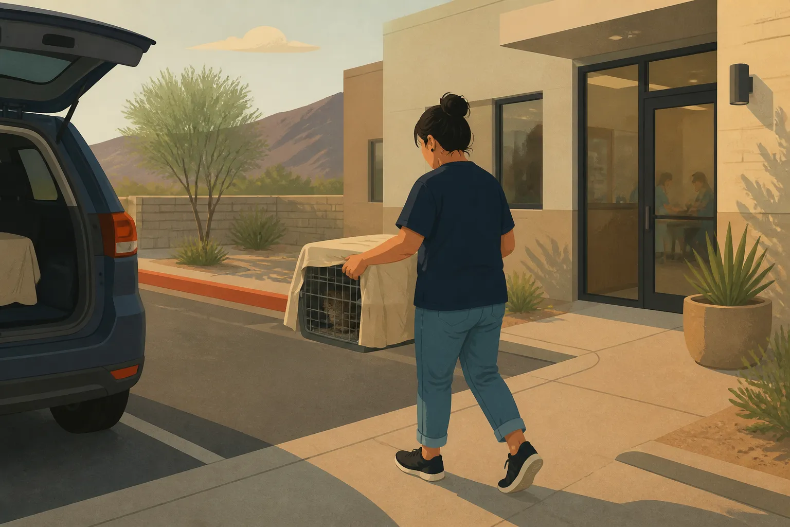 A volunteer carries a covered humane trap with a community cat outside an El Paso veterinary clinic.