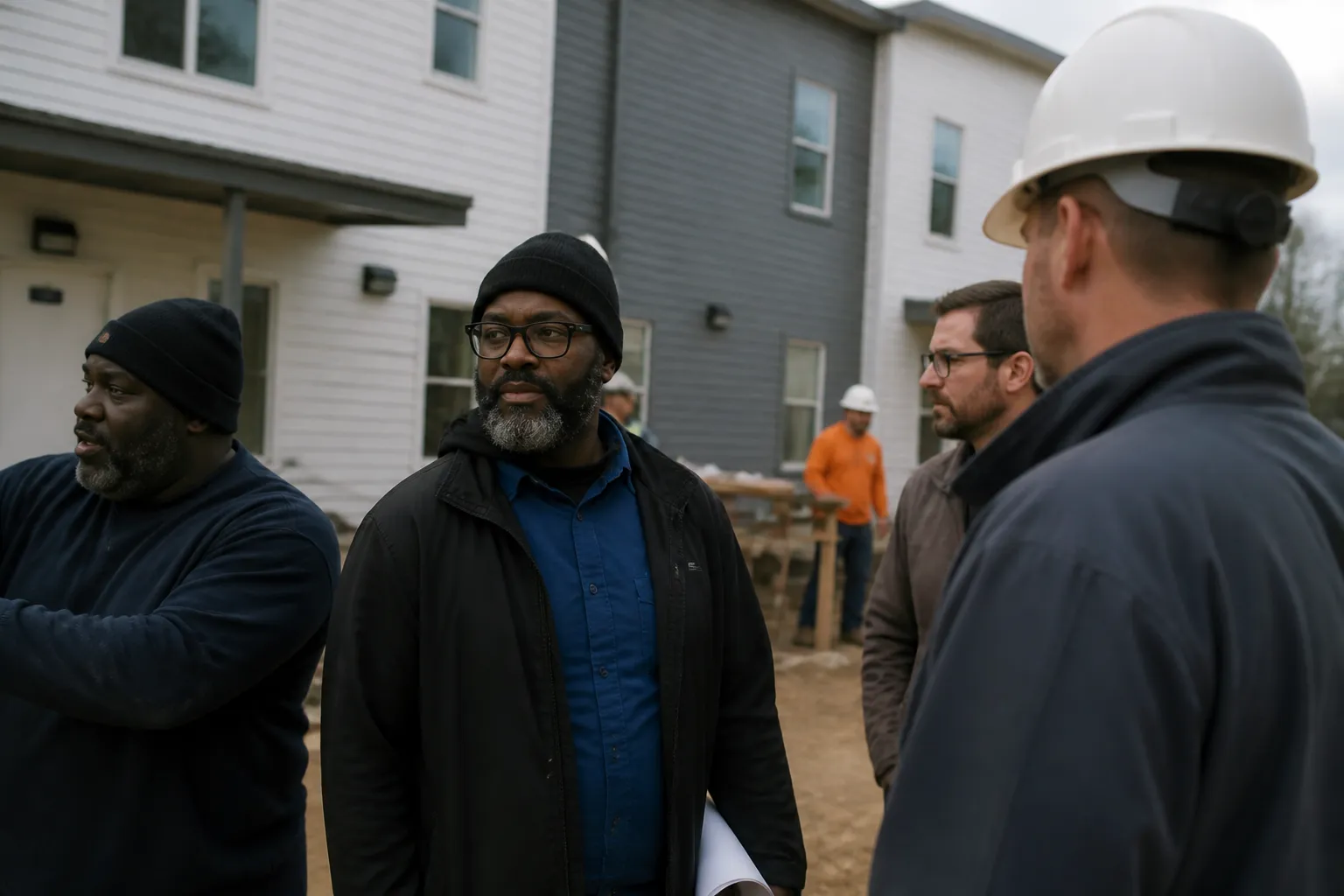 Builders and nonprofit partners stand outside Mission of Yahweh supportive housing with 16 efficiencies.