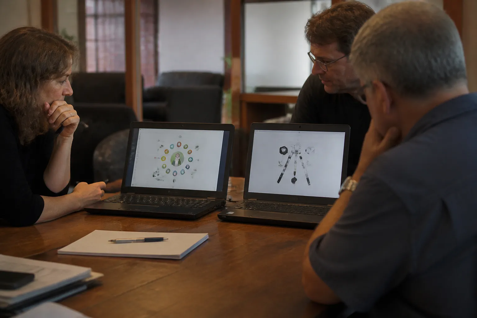 Donors review Sugar Labs and EarthLight DreamScopes proposal screens on two laptops at an office table.