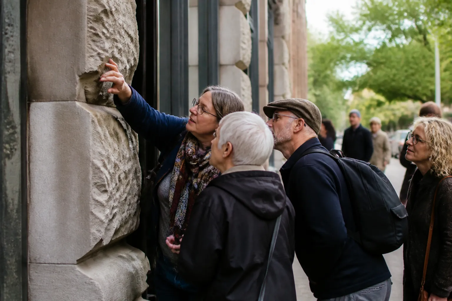 Reading the Stone attendees examine Missoula stonework during an arts and culture walk in Missoula, MT.