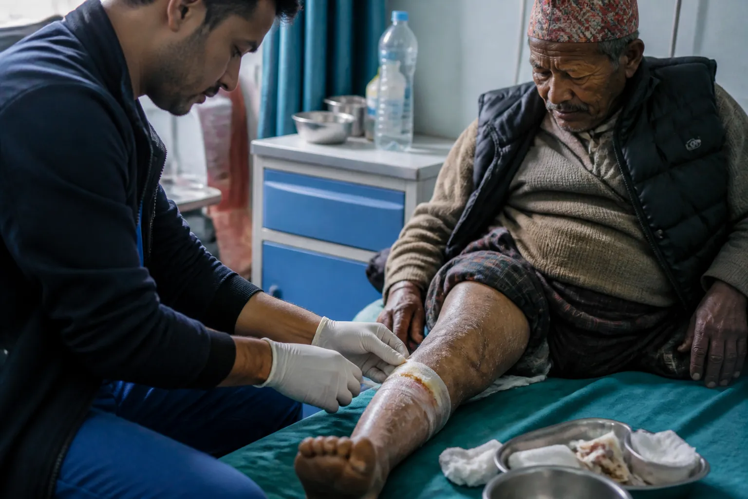 Clinician changes Ram Bahadur Bhandari’s leg dressing during daily wound care at Shining Hospital.
