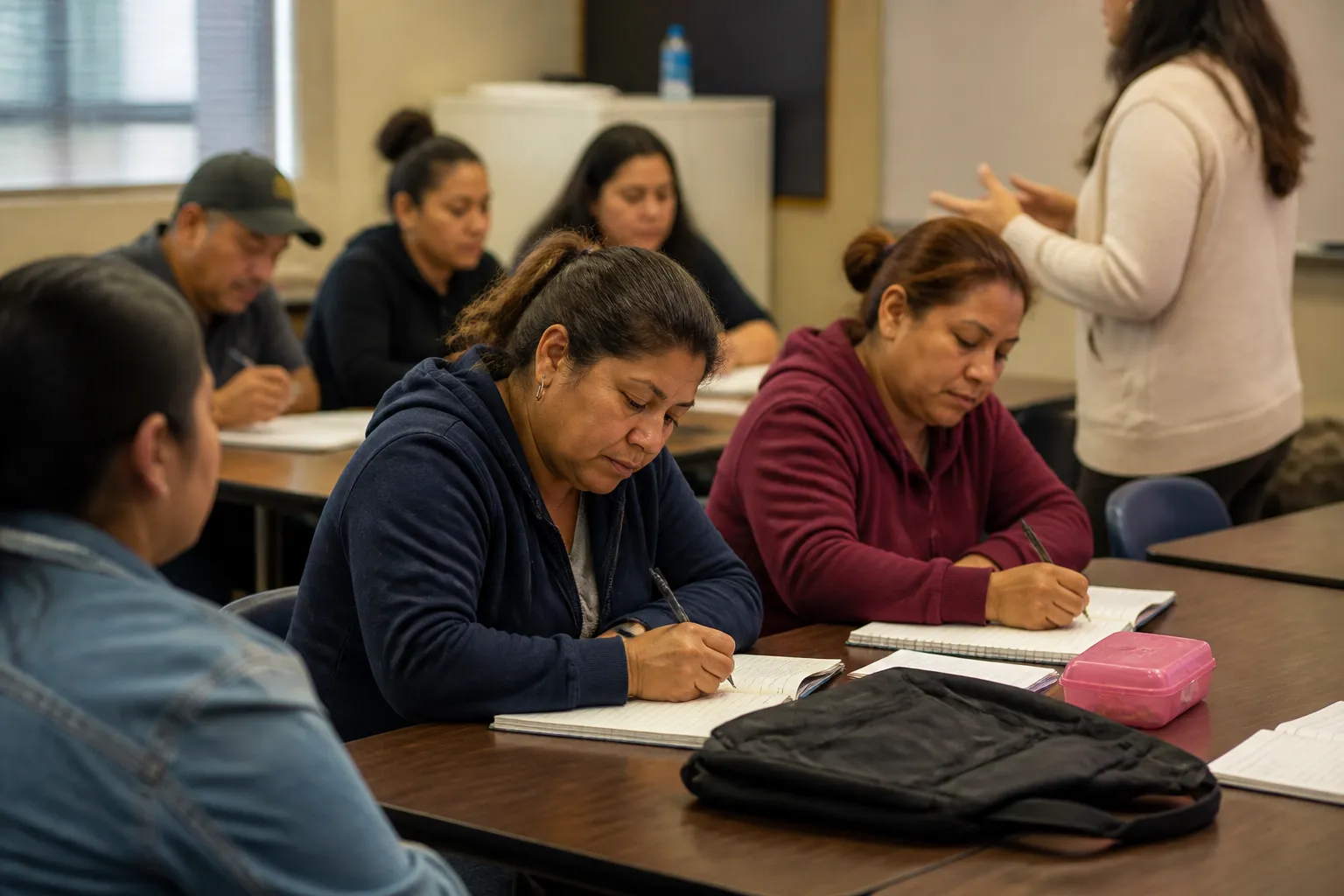 Adults take Spanish GED class at El Centro in Lincoln, writing in notebooks as an instructor leads.