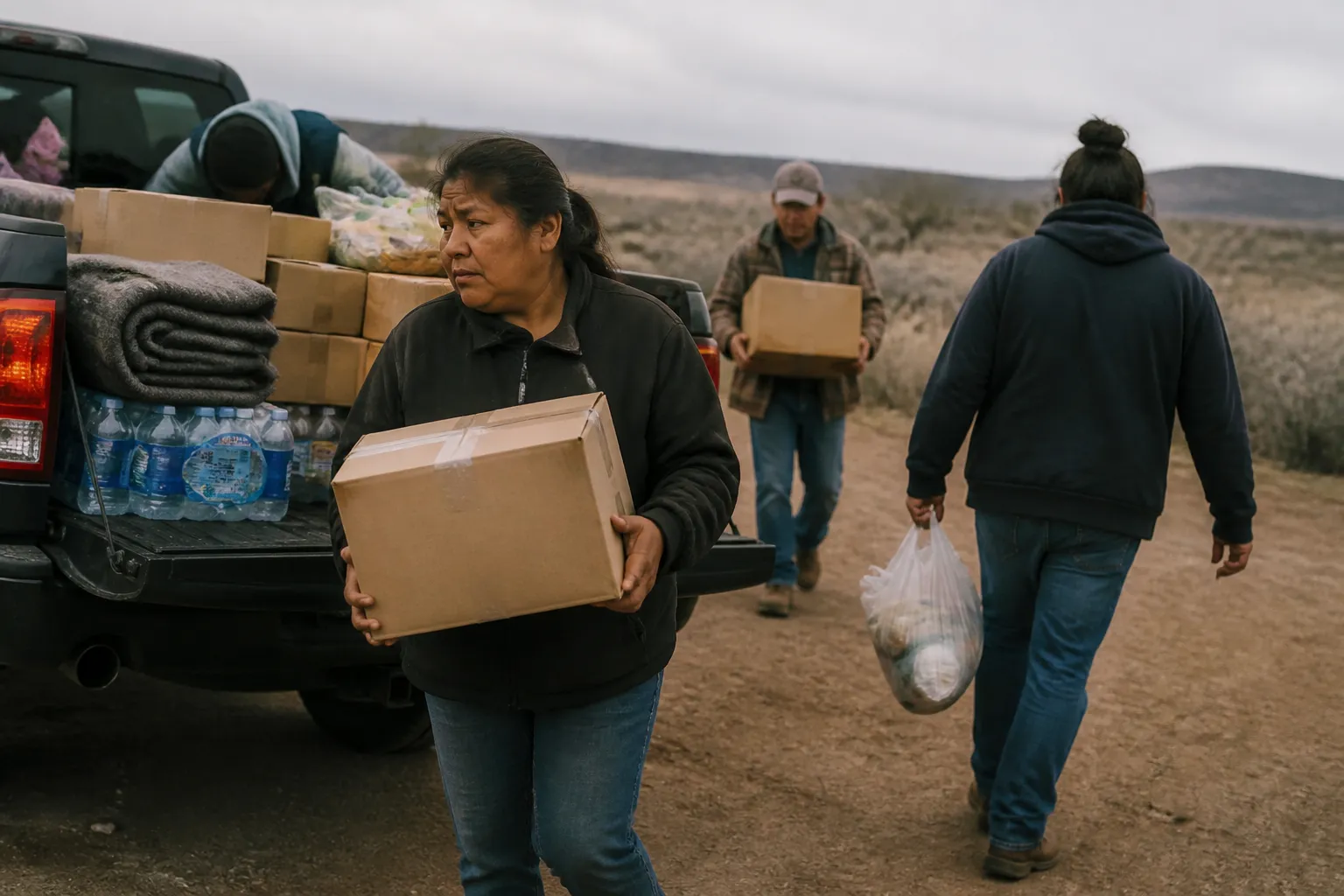 PWNA-delivered staples, bottled water, hygiene kits, and blankets are unloaded for remote reservation households.