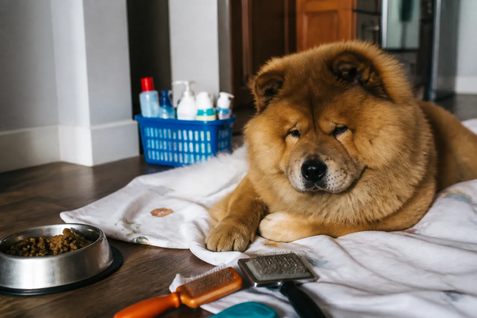 Starburst the Chow Chow lies on a blanket in foster care with donated food and grooming supplies nearby.