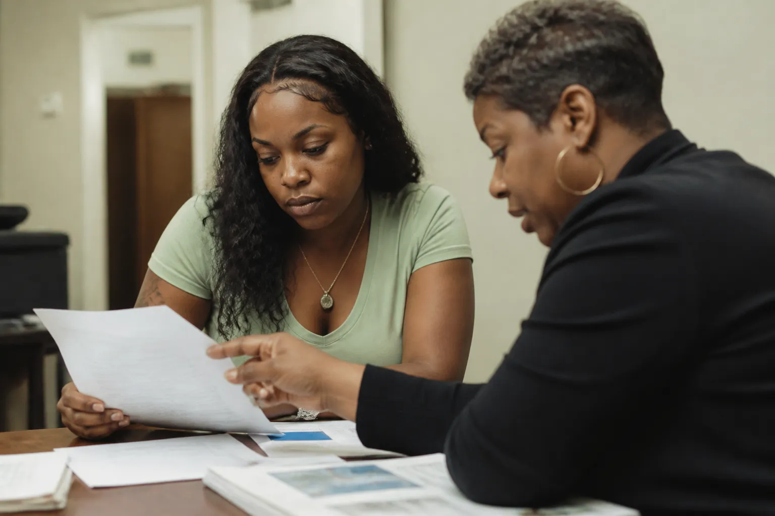 Prospective homebuyer reviews credit and education paperwork with an ICDC counselor at a desk in South Dallas.
