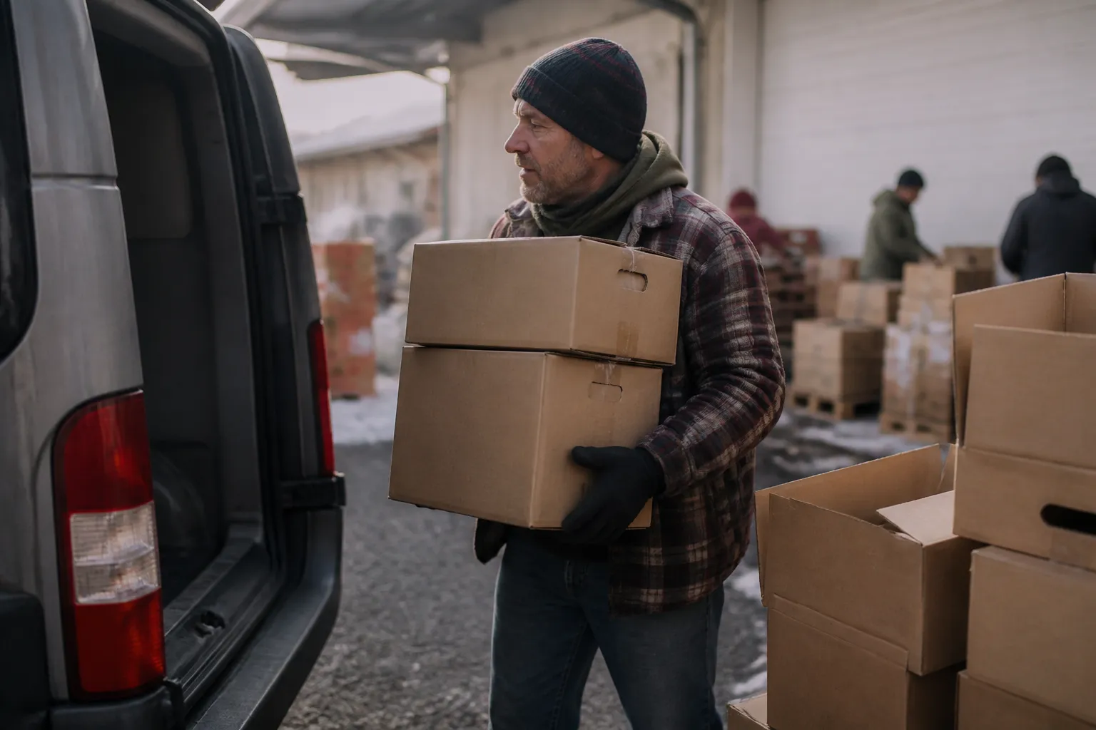 A volunteer loads ROOTS and Fresh Food Box deliveries into a vehicle outside Missoula Food Bank on a cold morning.