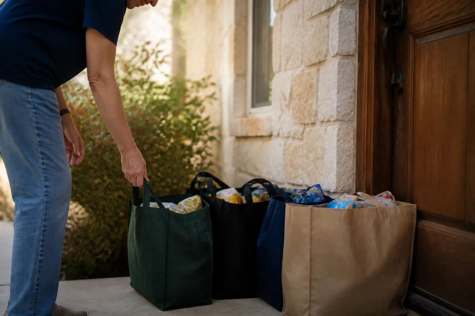 Reusable grocery bags lined beside a front door near Lago Vista, ready for food donations to refugees in Austin TX.