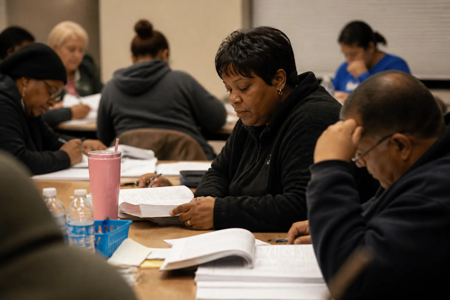 Adults in an Omaha Bridges Getting Ahead workshop sit with books while a facilitator leads a table discussion.