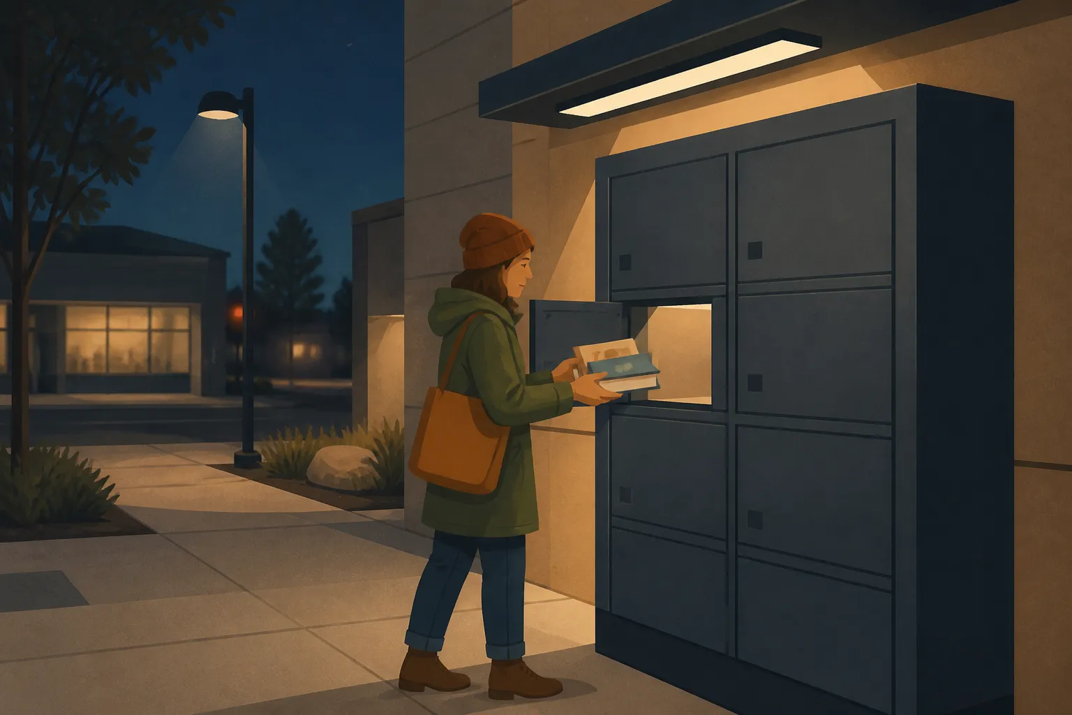 A Billings resident retrieves reserved library materials from a Library Express Locker after dark.