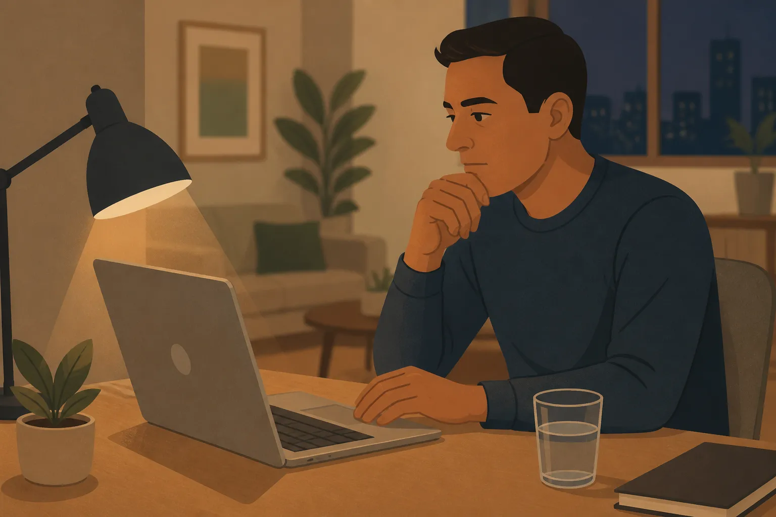 Donor at home reviews disaster relief options on a laptop next to a glass of water.