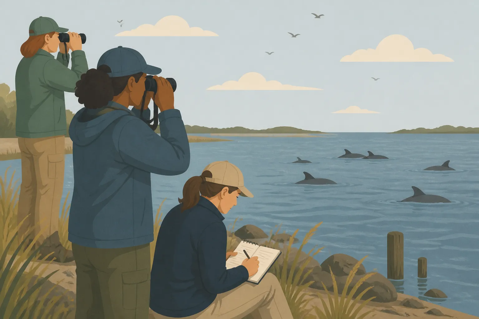 Marine animal rescue in Lewes, DE: volunteers scan Delaware bays and record dolphin dorsal-fin sightings.