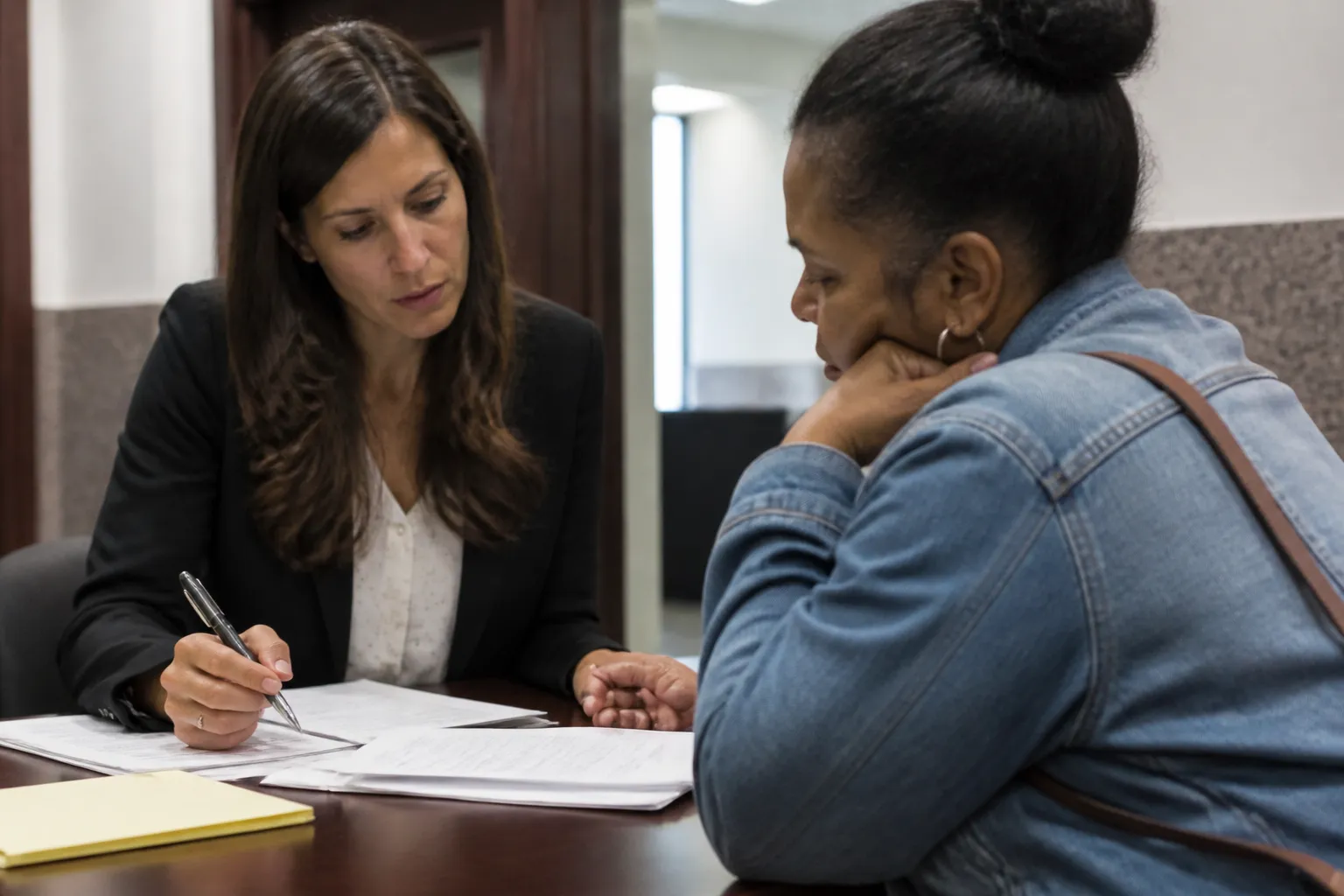 DEAC attorney and Dallas County tenant review eviction petition and notice to vacate on a table before court.