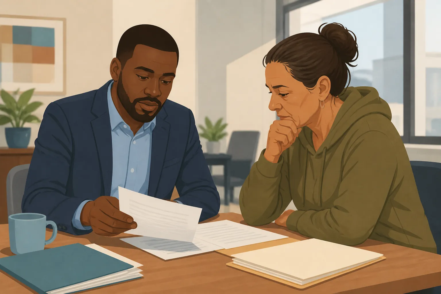 Volunteer attorney reviews eviction documents at a Wilmington, DE social justice charity legal services office.