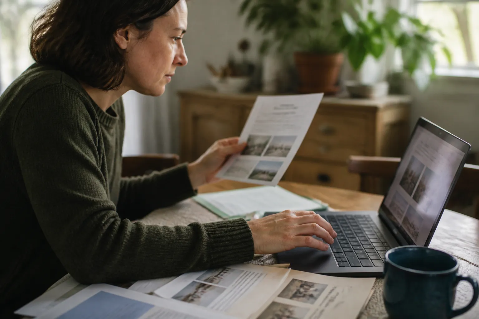 A donor uses a laptop to set up a crisis-relief fundraiser next to notes about monthly and stock gifts.