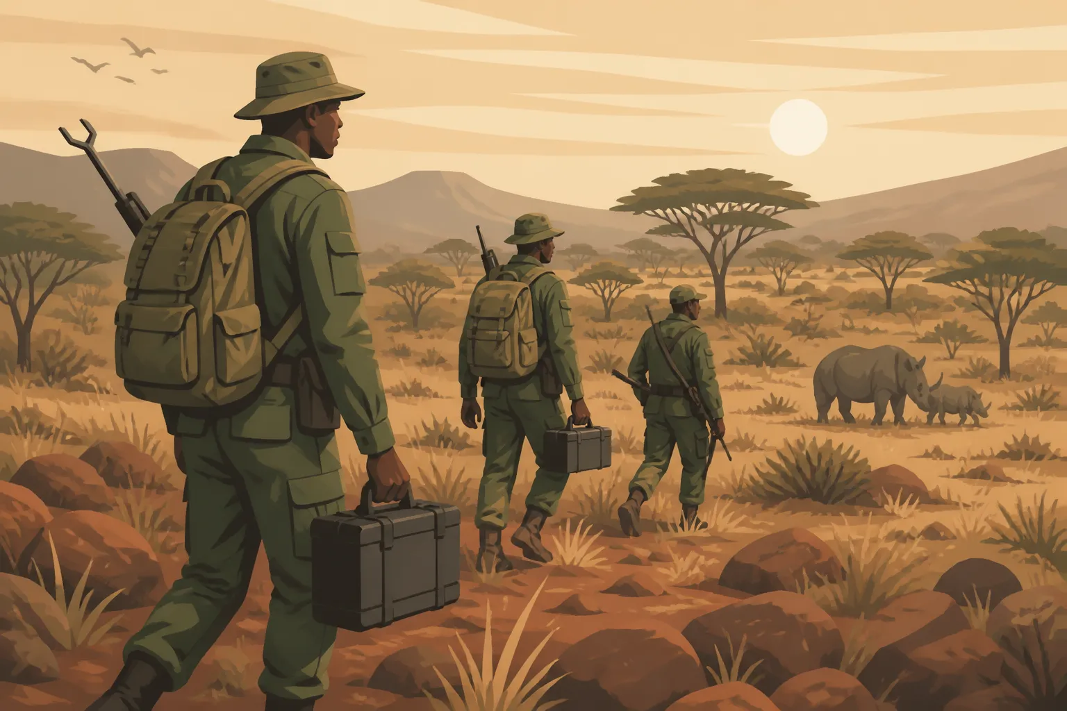 A wildlife patrol team carries field equipment through Kenya’s Tsavo West National Park.
