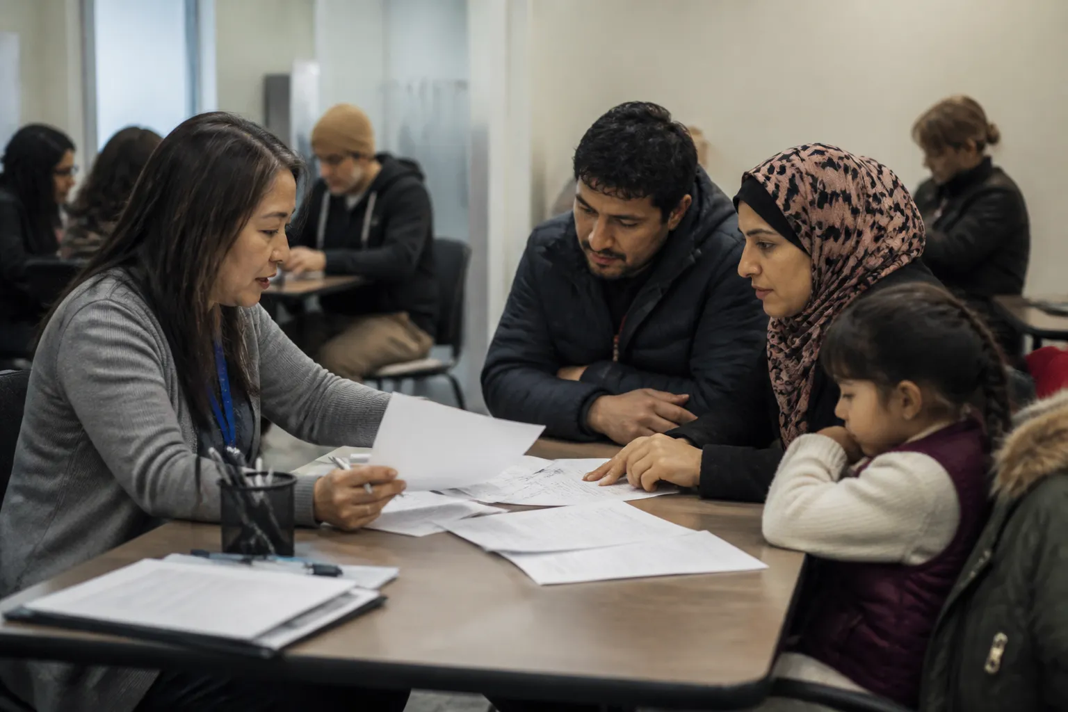 Omaha case manager reviews housing, job lead, and immigration paperwork with a refugee family at one table.