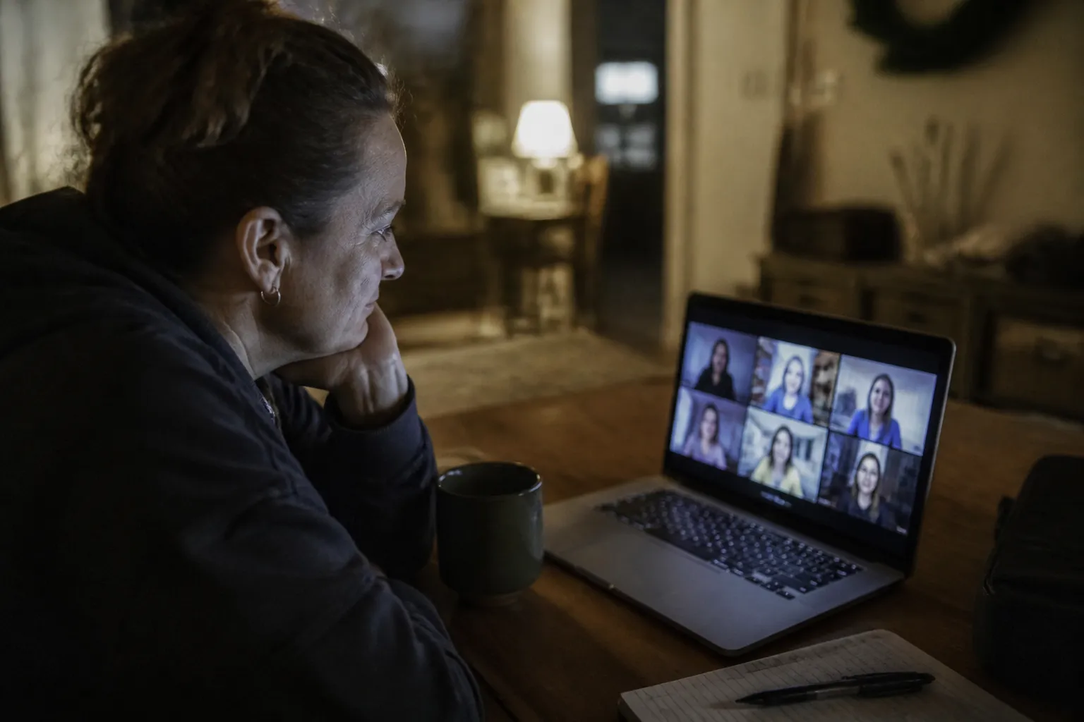 Laptop screen shows HeartSpace Circle while women veterans join a monthly virtual gathering from different locations.