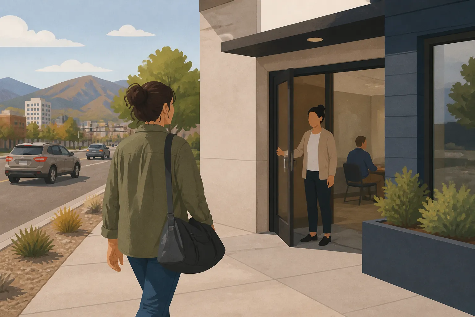 Woman arrives at STEP2’s 1 PM walk-in intake outside a Reno facility carrying a small bag.