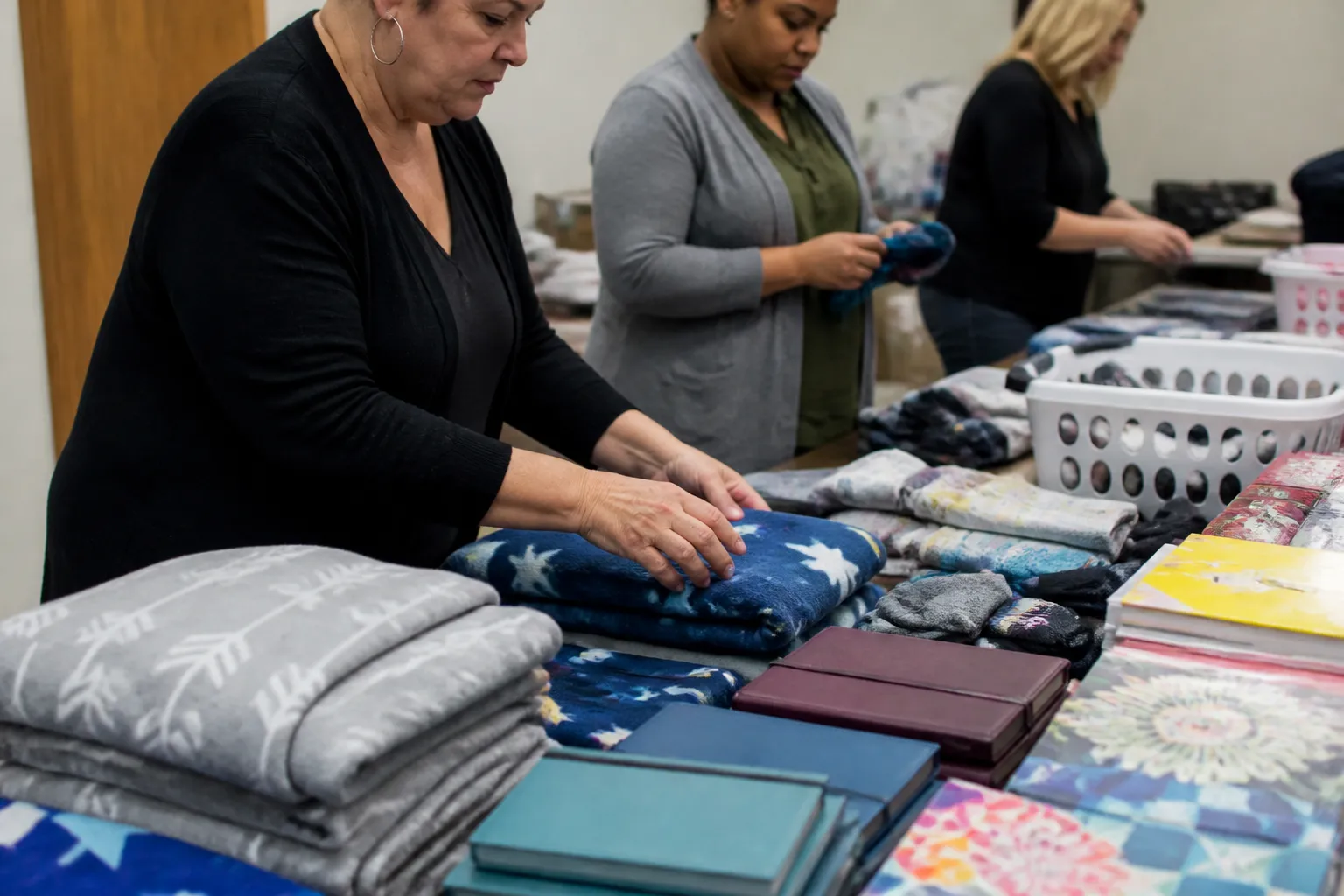 Leukemia Texas Buddy Packs laid out with blankets, socks, journals, and coloring books before hospital delivery.